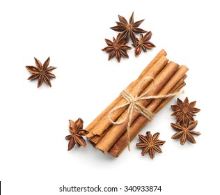 Cinnamon And Star Anise On White Background