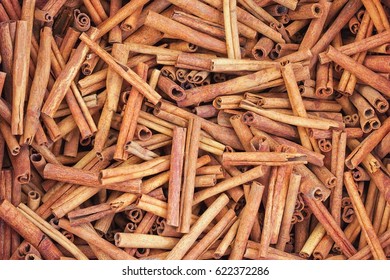 Cinnamon Stick Background. Group Of Cinnamon In Market. Top View. Carmella Stick Close Up.