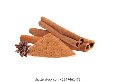 Cinnamon sticks with anise star and powder, isolated on white background