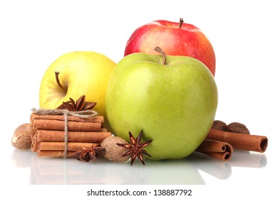 Cinnamon Sticks, Apples, Nutmeg And Anise Isolated On White