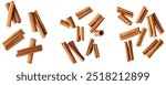 Cinnamon sticks falling on a white background, cut. Isolated