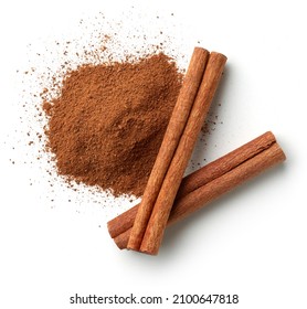 Cinnamon sticks and heap of powder isolated on white background, top view - Shutterstock ID 2100647818