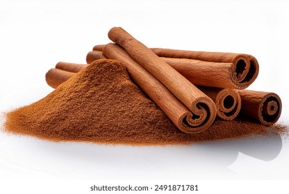 Cinnamon sticks isolated on white background with cinnamon or bown sugar powder with shadow - Powered by Shutterstock