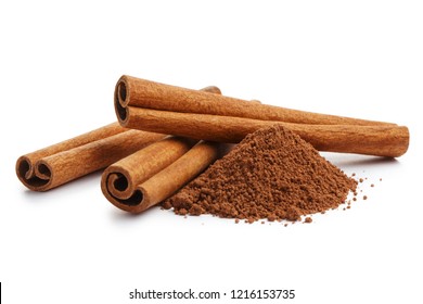 Cinnamon sticks and powder, isolated on white background - Shutterstock ID 1216153735
