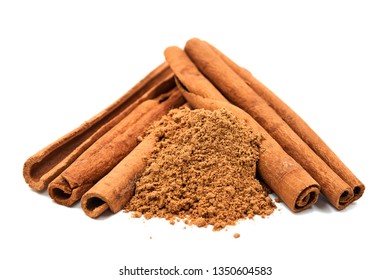        Cinnamon sticks and powder, 

isolated on white background                         - Shutterstock ID 1350604583