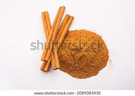 Cinnamon sticks and powder also known as Dalchini dust, Important ingradient from Indian spices