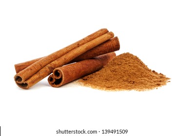 Cinnamon sticks and powder on white background - Shutterstock ID 139491509