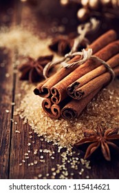 Cinnamon Sticks And Star Anise On Brown Sugar