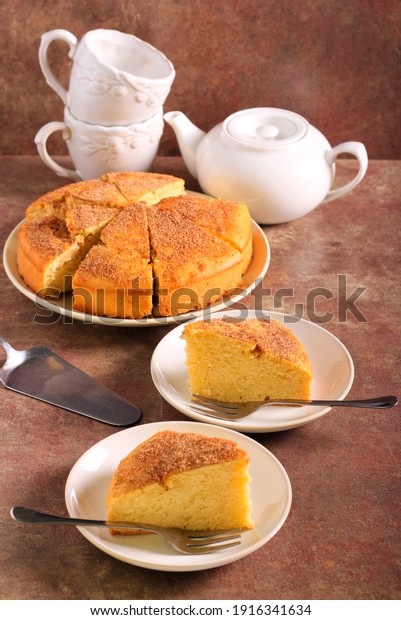Cinnamon tea cake, sliced and\
served
