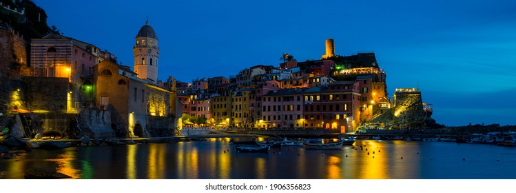 Cinque terre Vernazza night lights at blue hour