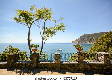 Cinque Terre: View To The Sea With A Ferry Boat Near Monterosso Al Mare In Early Summer, Liguria Italy Europe