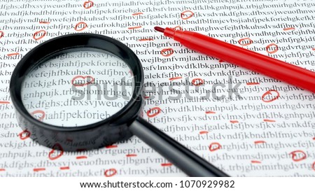 Cipher encryption code or data encrypt with magnifying glass and red pen