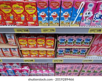 Cipinang Besar, East Jakarta - Indonesia  August 4th 2021 : Shelf At Retail Market Contain Variety Of Ultra Hight Temperature Processing Milk In Small Packaging.