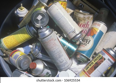 CIRCA 1990 - A Bucket Full Of Empty Aerosol Cans Waiting For Proper Disposal