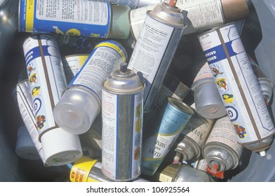 CIRCA 1990 - Pile Of Aerosol Cans Waiting For Safe Disposal At A Unocal Station In Los Angeles, CA