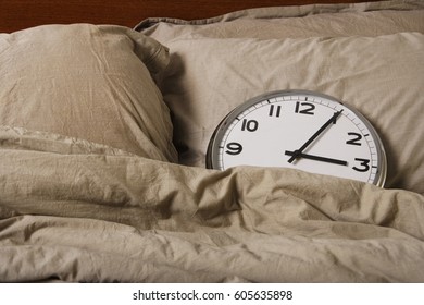 CIRCA 2009: Large clock in a bed.