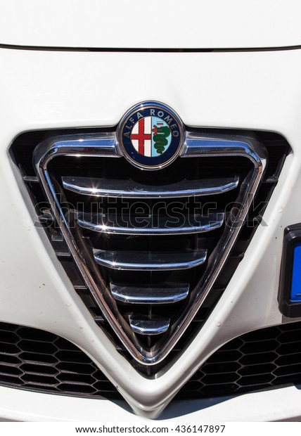 Circa, Circa, June 12, 2016: Alpha Romeo car front\
- Grill and emblem.Alpha Romeo is an Italian car manufacturer.\
Founded as A.L.F.A. (\