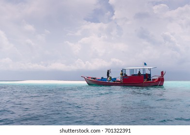 CIRCA MAAFUSHI, MALDIVES - MAY 3, 2014: Diving boat near Maafushi island, Maldives