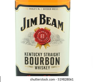 CIRCA NOVEMBER 2016 - GDANSK: Jim Beam bourbon whiskey isolated on white background. Jim Beam is owned by Beam Global Spirits and wine and it has been destiled in Clermont, Kentucky USA since 1795