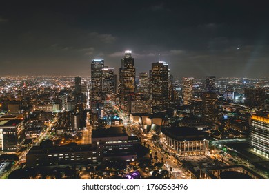 Circa November 2019: Aerial View of Downtown Los Angeles Skyline with City Lights from Aerial Perspective