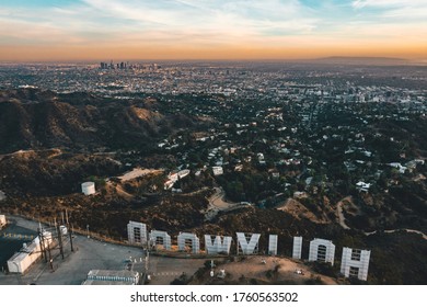 Circa November 2019: Spectacular view over Hollywood Sign looking over Los Angeles, California in Sunset light