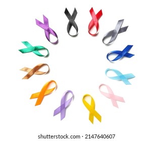 Circle frame made of colorful awareness ribbons on white background. World Cancer Day concept