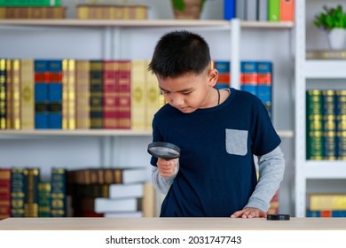 Circle Magnifying Glass Tightly Grabbed By Genius Asian Boy For Studying Funny Knowledge Of Scientific Observation, Physic Research, Light, Lens, Image Enlargement In Library Of Elementary School