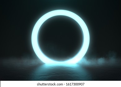 Circle neon light in black hall room, futuristic concept, Abstract geometric background, Product display, Scene, 3D Rendering. - Shutterstock ID 1617300907