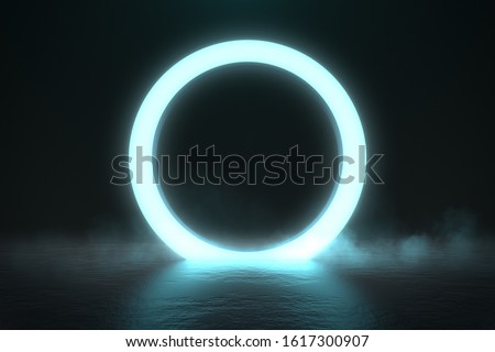 Circle neon light in black hall room, futuristic concept, Abstract geometric background, Product display, Scene, 3D Rendering.