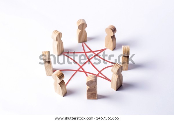 Circle of people interconnected by red curves\
lines. cooperation, teamwork, training. Staff, community meeting.\
Collaboration and cooperation, participation. Social connections,\
joining to solve tasks