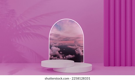 Circle podium with sky background, background with various geometric shapes in a pastel color for product presentation. Podium to show cosmetic products. - Shutterstock ID 2258128331