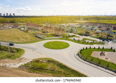 Circle Road Near Village With Summer Houses. Aerial View From Drone