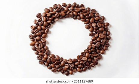 A circle of roasted coffee beans arranged on a white surface. - Powered by Shutterstock