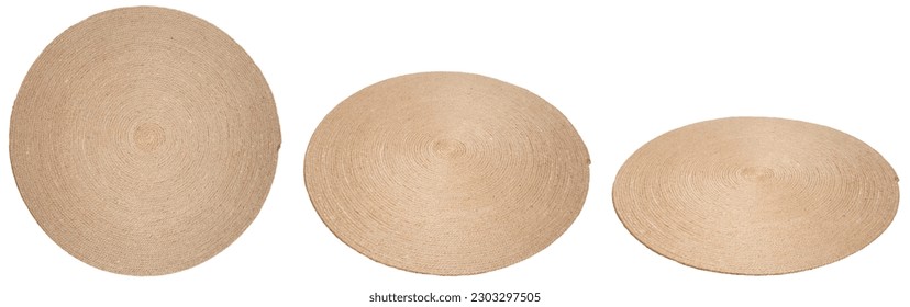 Circle rug made with jute rope in 3 different angles isolated on white background