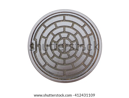 Circle steel manhole cover or drain lid isolated on white background with clipping path (and abstract metallic circle art design)