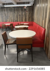 Circle tables in a modern work cafe area red
