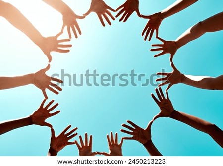 Circle, unity and teamwork with hands with sky for trust with lens flare. Earth day, care and recycling with eco friendly for planet with blue background for global with climate change for people