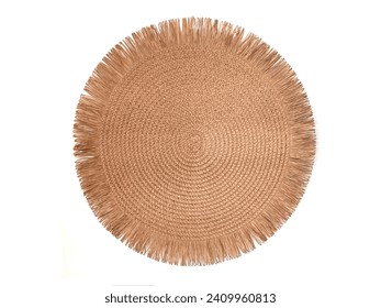 Circle Wicker straw stand mat napkin, decoration, interior detail isolated on a white background, top view.