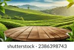 Circle wooden table top with blurred tea plantation landscape against blue sky and blurred green leaf frame Product display concept natural background 