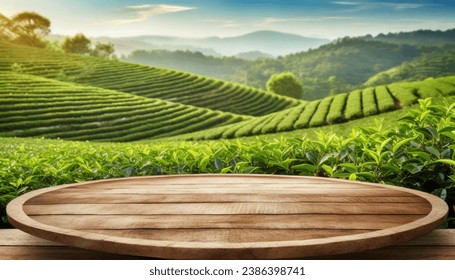 Circle wooden table top with blurred tea plantation landscape against blue sky and blurred green leaf frame Product display concept natural background 