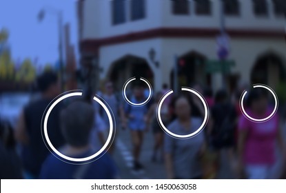 Circles On Unidentified Person. Main Idea Of This Is About Finding Customer Insights From Big Data Analytics And Machine Learning Technology. Blurred Background. Faces Blurred. Space On Top For Text.