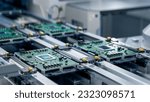 Circuit Board with Advanced Microchip on Assembly Line. Electronics Manufacturing Facility or Factory. Electronic Devices Production Industry. Fully Automated PCB Assembly Line.