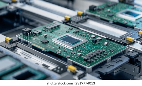 Circuit Board with Advanced Microchip on Assembly Line. Electronic Devices Production Industry. Fully Automated PCB Assembly Line. Electronics Manufacturing Facility or Factory