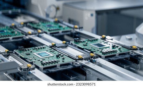 Circuit Board with Advanced Microchip on Assembly Line. Electronics Manufacturing Facility or Factory. Electronic Devices Production Industry. Fully Automated PCB Assembly Line.