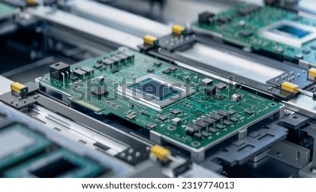 Circuit Board with Advanced Microchip on Assembly Line. Electronic Devices Production Industry. Fully Automated PCB Assembly Line. Electronics Manufacturing Facility or Factory