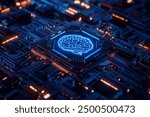 Circuit board with an AI brain icon in the center. A blue and black color theme.