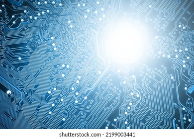 Circuit Board Background. Blue Motherboard Texture. Processor Background. Computer Industry Pattern. Microchip Closeup. Hardware Modern Style Design.