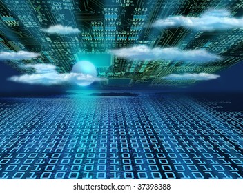Circuit board and binary code forming a mysterious night landscape of information horizon