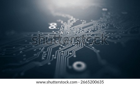 Circuit board close-up with electronic components and traces in dark blue tones, capturing a modern tech aesthetic used in cybersecurity, network hardware, and AI devices