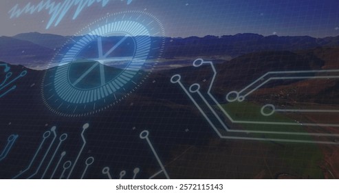 Circuit board and digital interface image over mountainous landscape. Technology, innovation, cyber, futuristic, virtual, network
